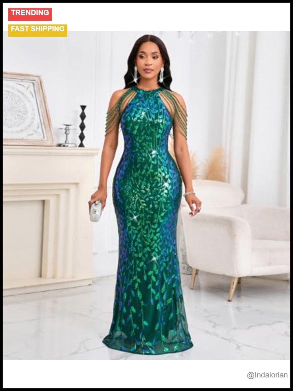 Sequin Halter Tassel Mermaid Formal Maxi Dress Evening Gown - Picture 3 of 6